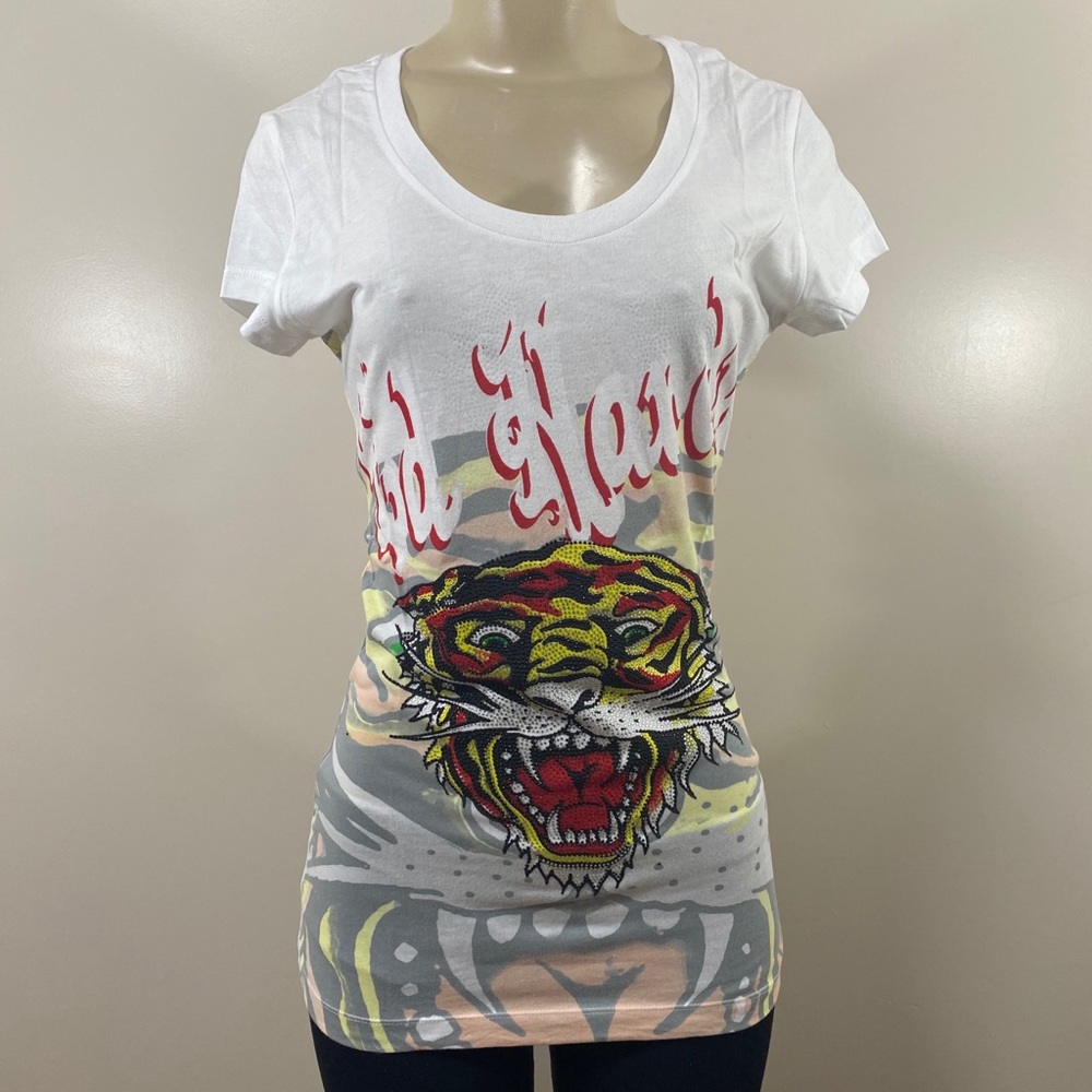 Ed Hardy Women White Tiger Rhinestone Shirt